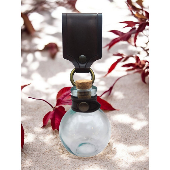 Porte-fiole médiéval en cuir avec fiole ronde en verre de 12 cl